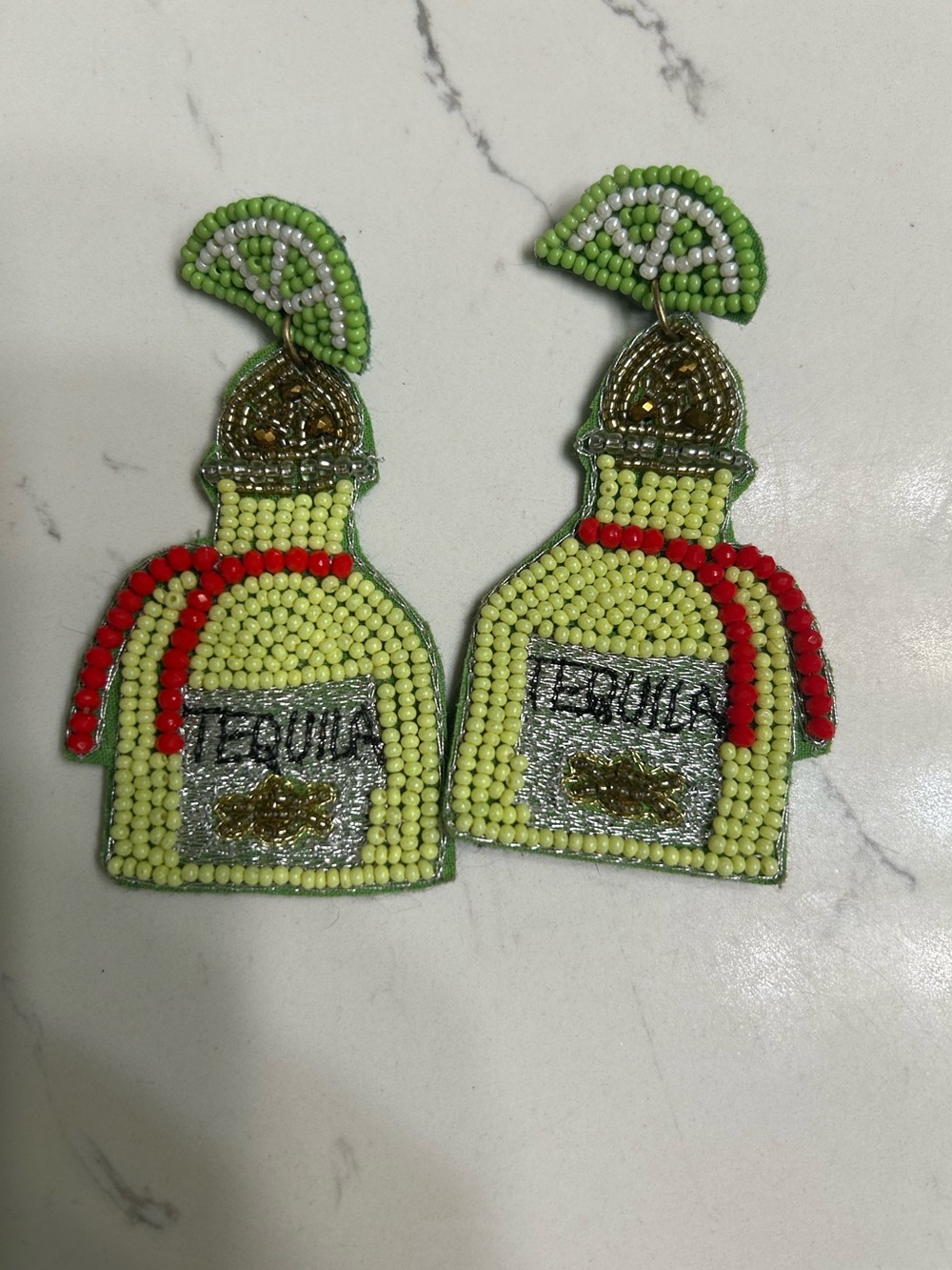 Beaded Lime Tequila Bottle Drop Earrings - Unbranded